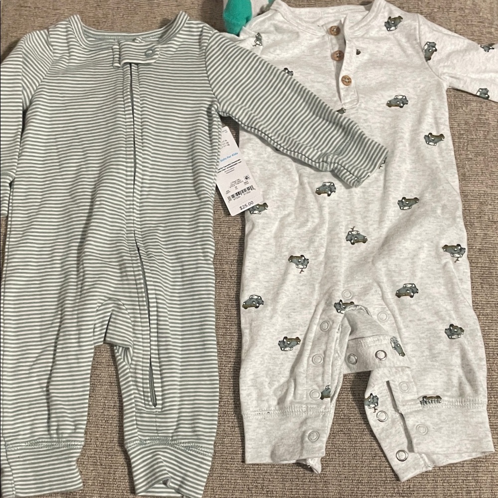 Carter's Green Striped and Gray Car Print bodysuit